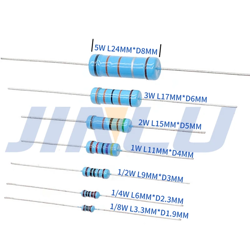 50pcs 1/2W Metal Film Resistor 4.3 43 430 4.7 47 470 5.1 51 510 R K ohm 1% 0.5W Five-c 1K8 2K 2K2 Resistance 1R8 2R 2R2 0.1R-10M