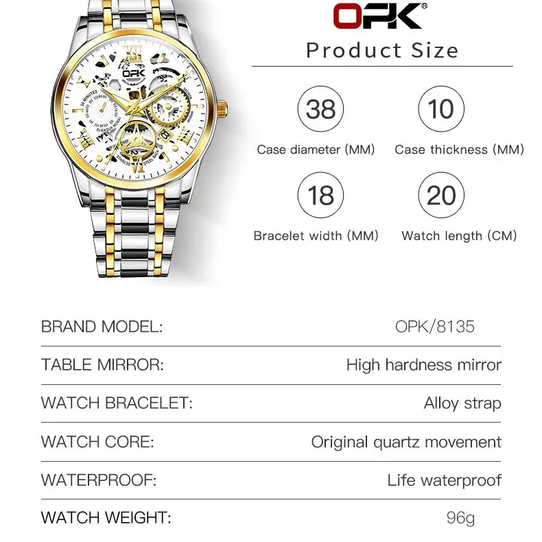 OPK 8135 Full Hollow out Design Men\'s Watches Stainless steel Waterproof Date Luxury Wristwatch