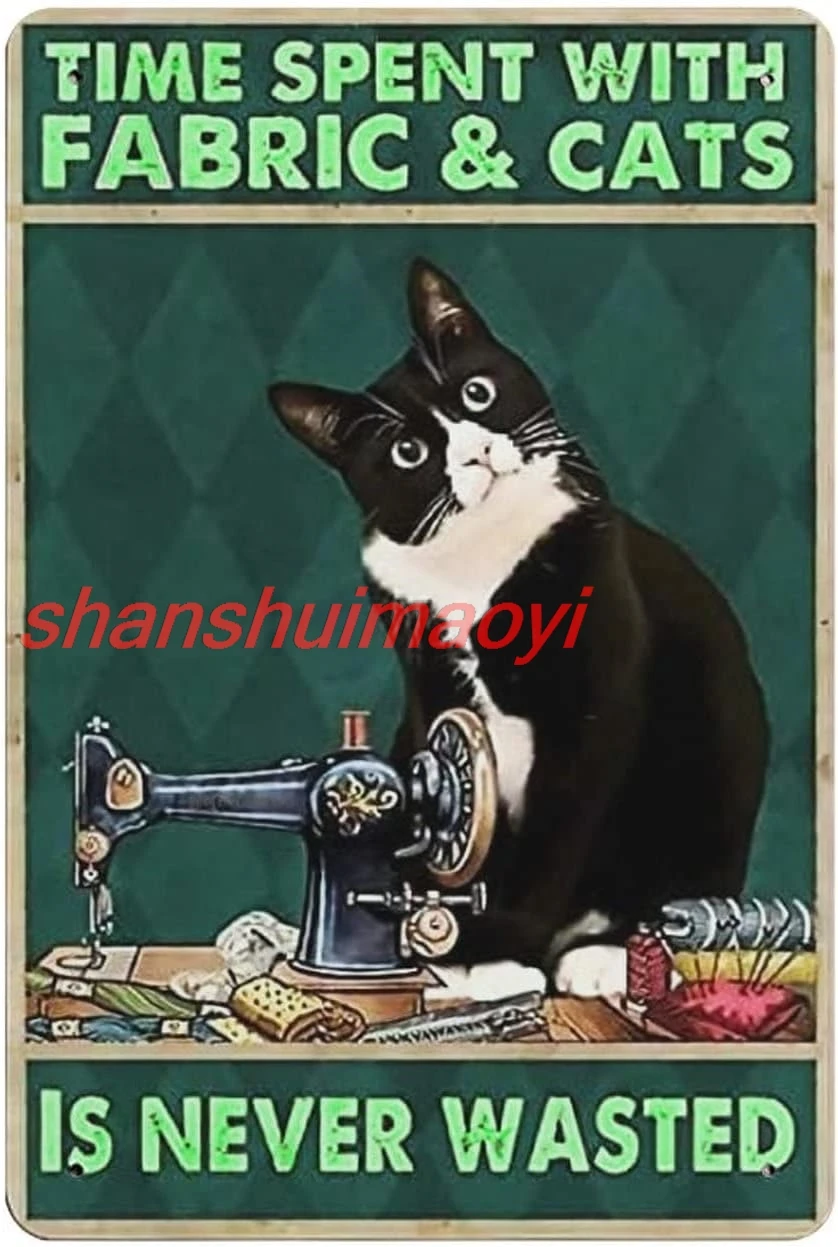 NENAWOS Sewing is Never Wasted Black Cat decor Craft room Retro coffee decorations for kitchen Signs Metal Tin Sign home goods g