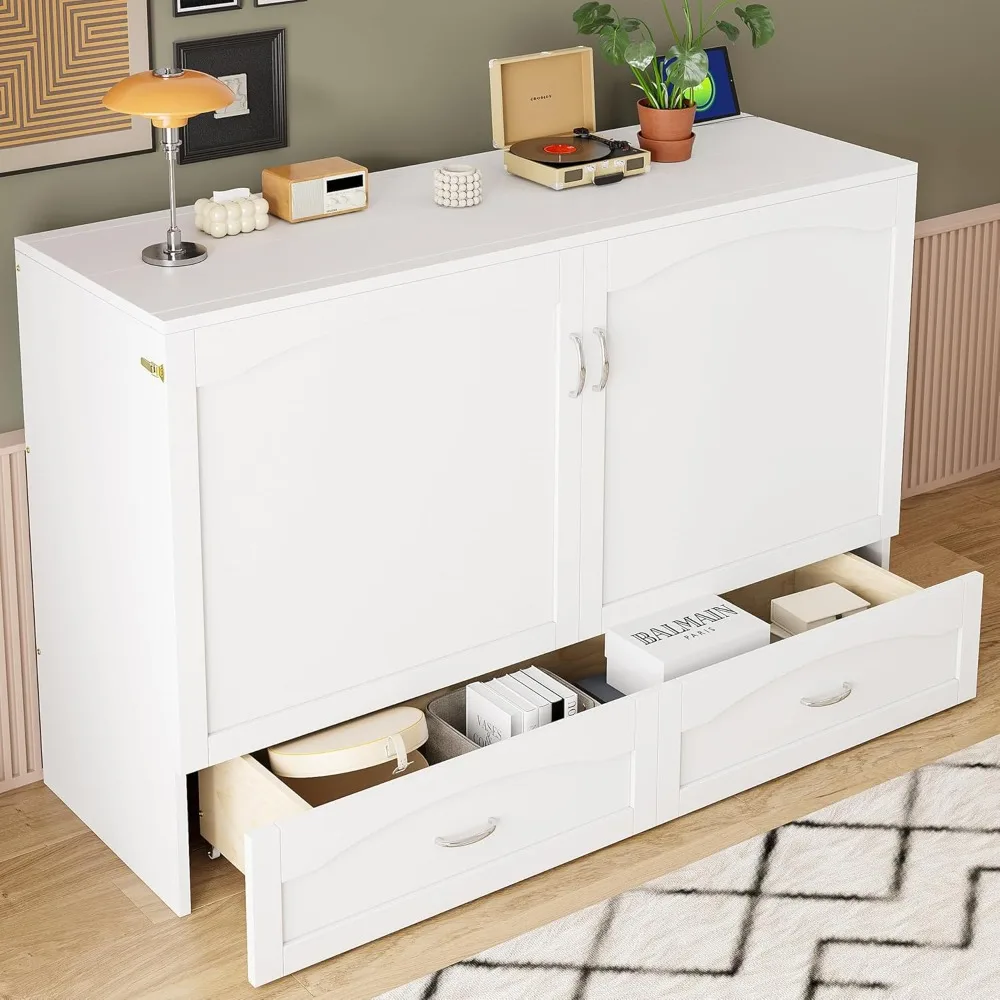 خزانة سرير ميرفي بحجم كوين مع درج تخزين، USB، محطة شحن، سرير مورفي خشبي F