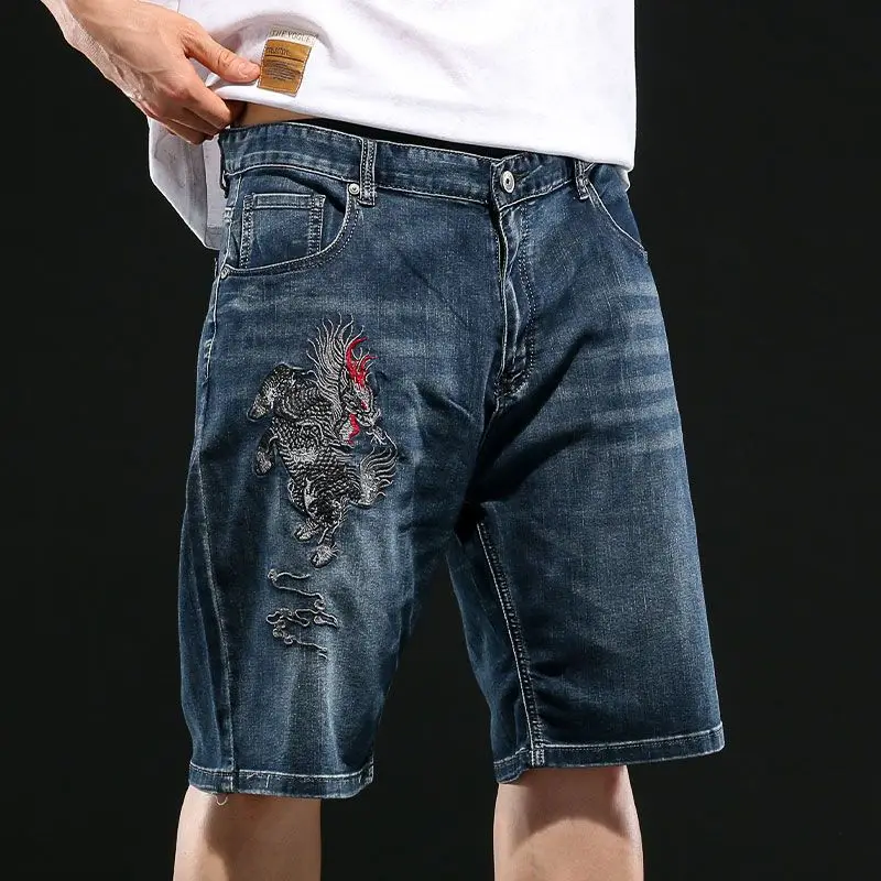 Summer New Fashion Trend Embroidered American Retro Straight Leg Denim Shorts Men's Casual Loose Sports High-Quality Shorts
