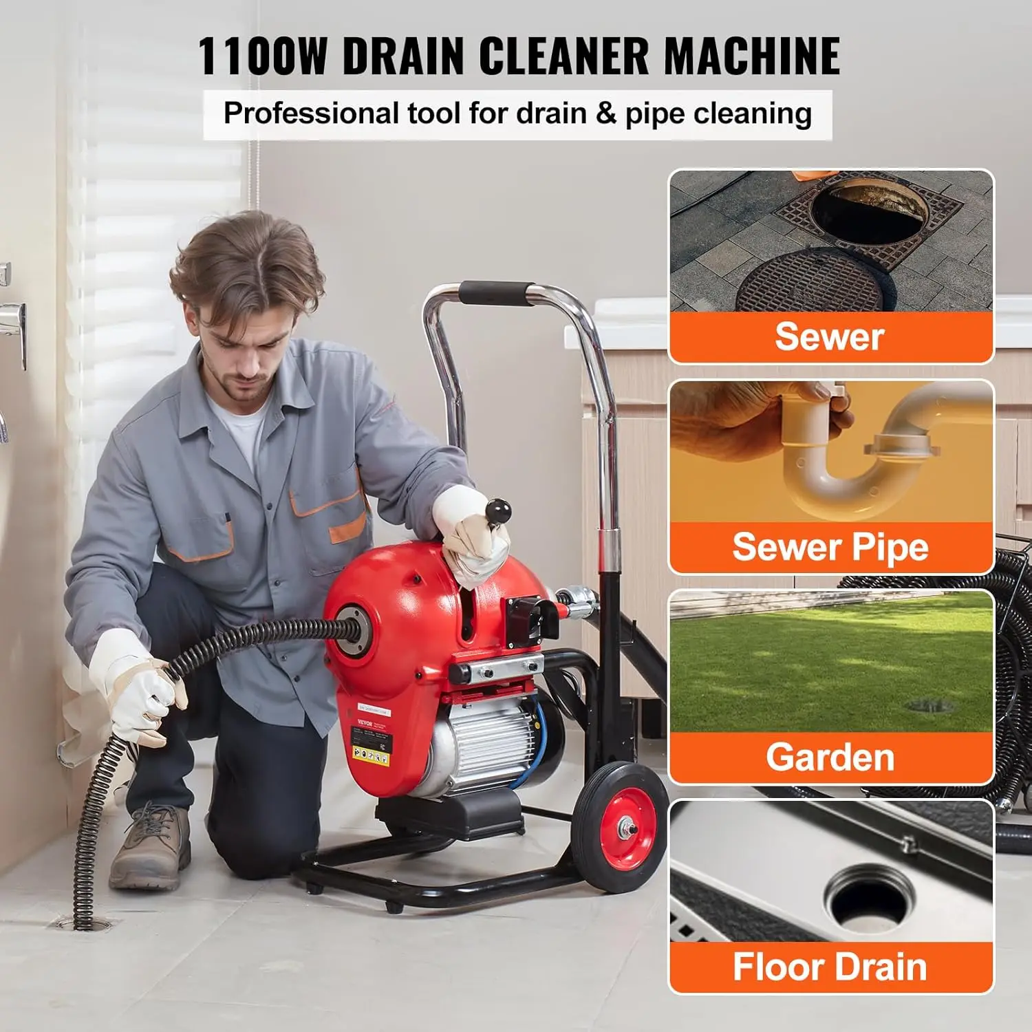 VEVOR Drain Cleaner Machine 120FT x 6/5 Inch, 1100W Electric Sewer Snake Auger Manual Feed - with 6 Cutters and CW/CCW Control