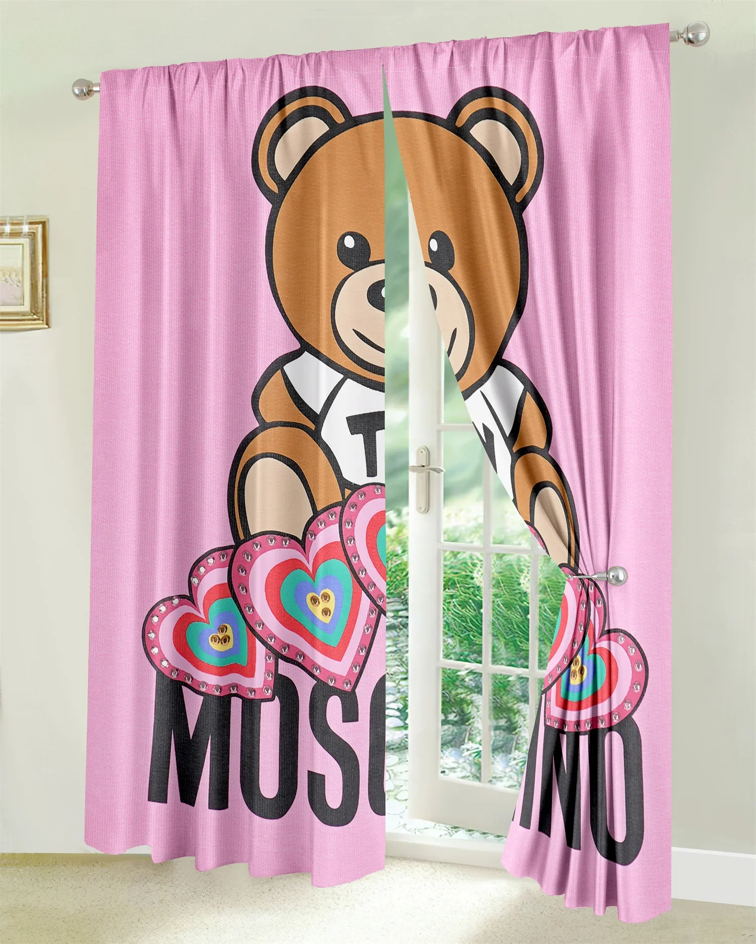 Pink Cartoon Cute Bear Love Design 3D Colorful Drapes Window Curtains for Living Room Bedroom Kitchen 2 Pieces Decor