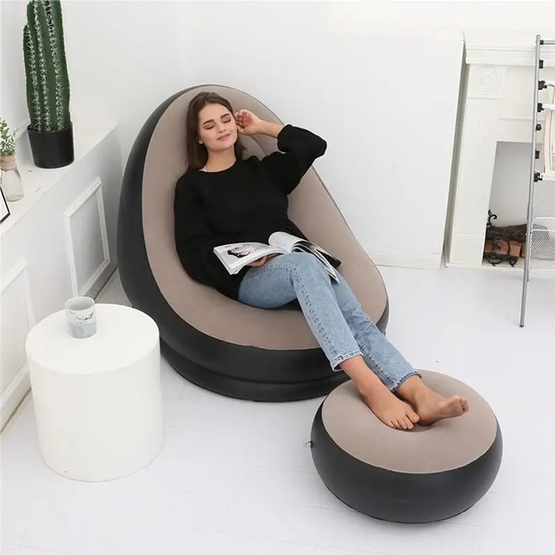 【AÑO NUEVO】Sillón portátil con taburete para pies, silla inflable junto al océano, sofá inflable flocado de lana para campi al aire libre
