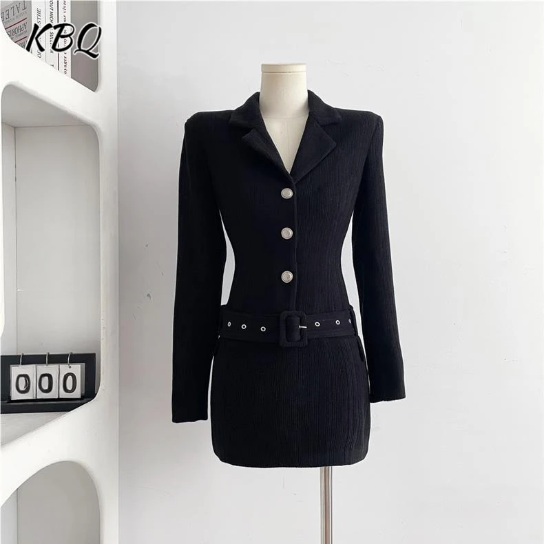 

KBQ однотонные темпераментные платья для женщин с v-образным вырезом и длинным рукавом с высокой талией, утягивающее платье трапециевидной формы, женская мода, новый стиль, одежда