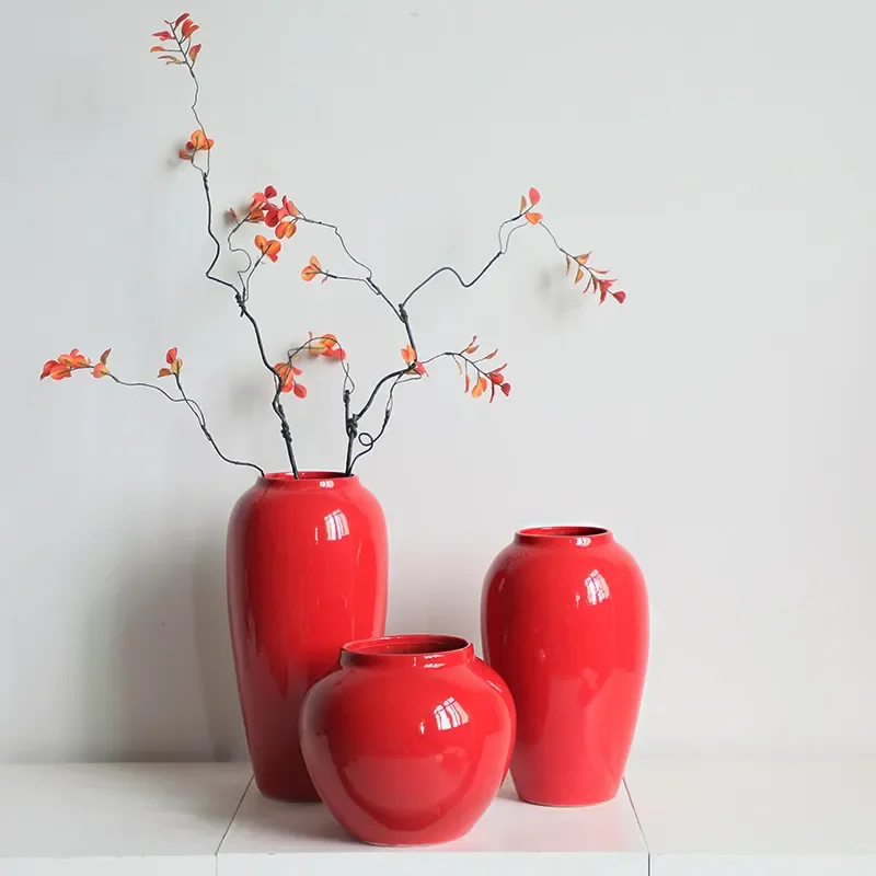 for Red Vase Ornament Modern New Chinese Style Ceramic Flower Ware Simple Dried Flower Hydroponics Living Room Flower