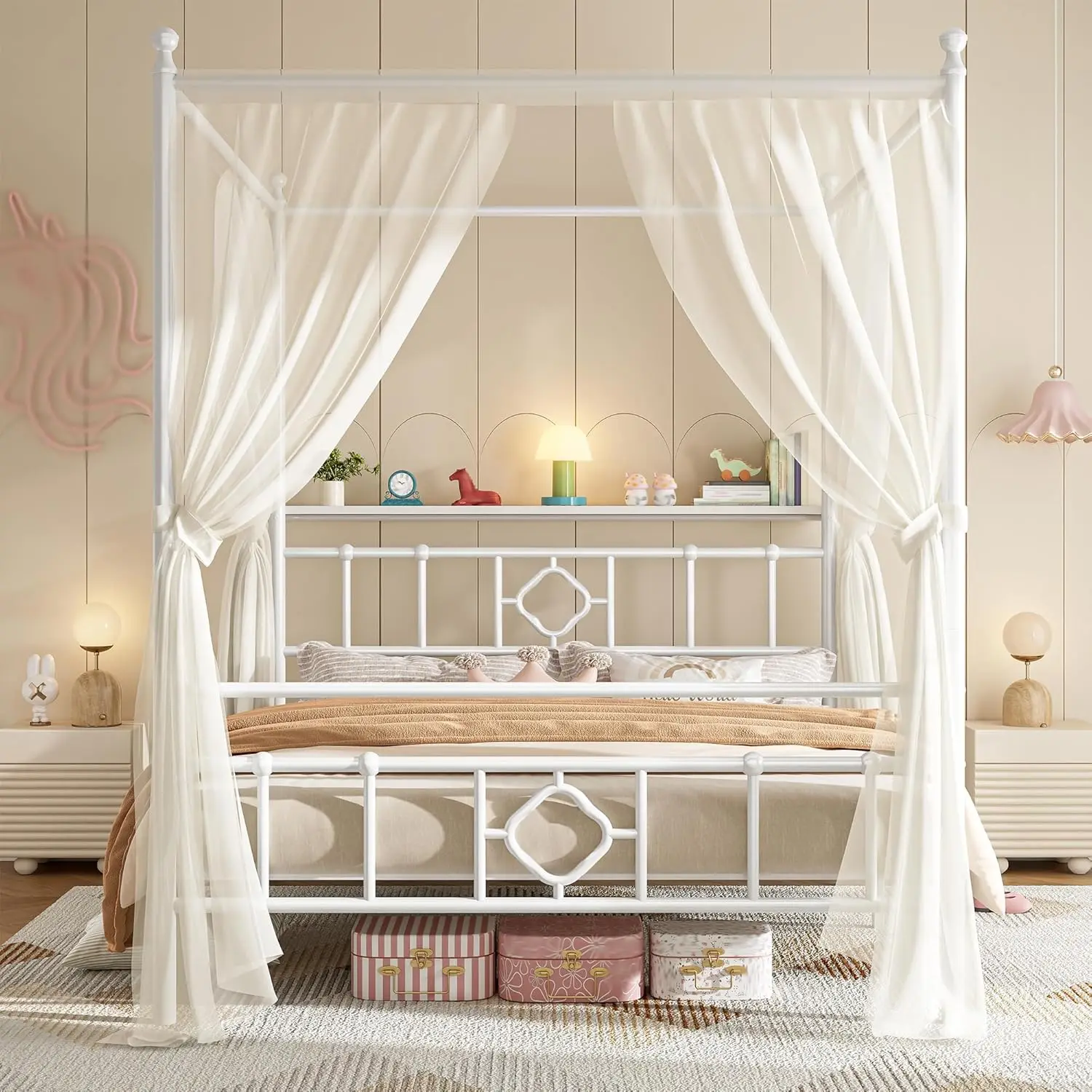 EnHomee Canopy Bed Frame with Storage Headboard Metal Platform Bed with 4 Removable Posts Dual Purpose Bed Frame with Under-Bed Storage