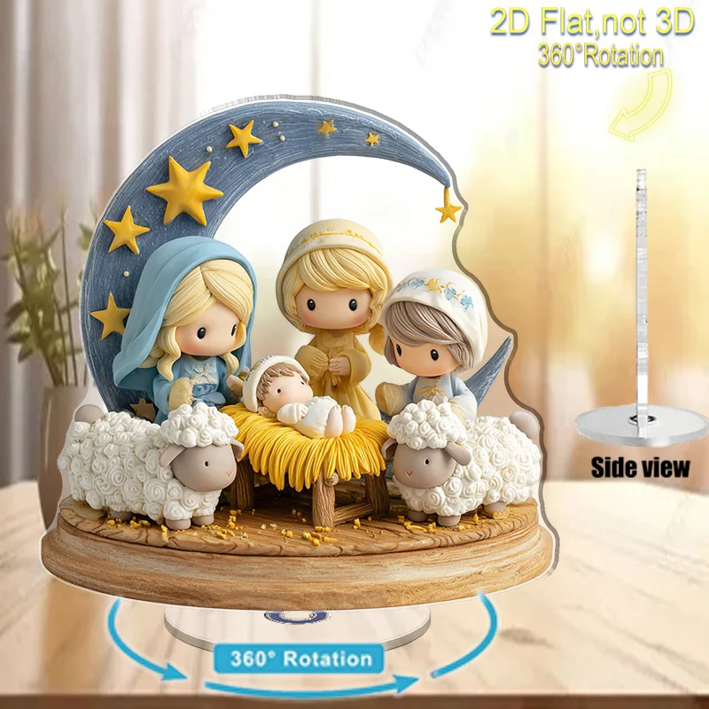 2D flache rotierende Acryl-Krippe, Desktop-Ornament, Maria, Jesus, Engel, Figuren mit Schaf, Weihnachtsgeschenk, Party-Dekoration