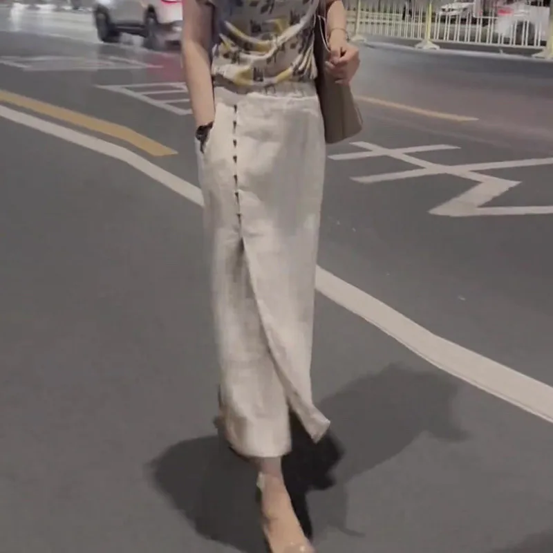 New Summer Fashion Slim Midi Skirt Women Split Single Breasted Casual High Waist Soft Elegant Skirts Solid Color Jupe