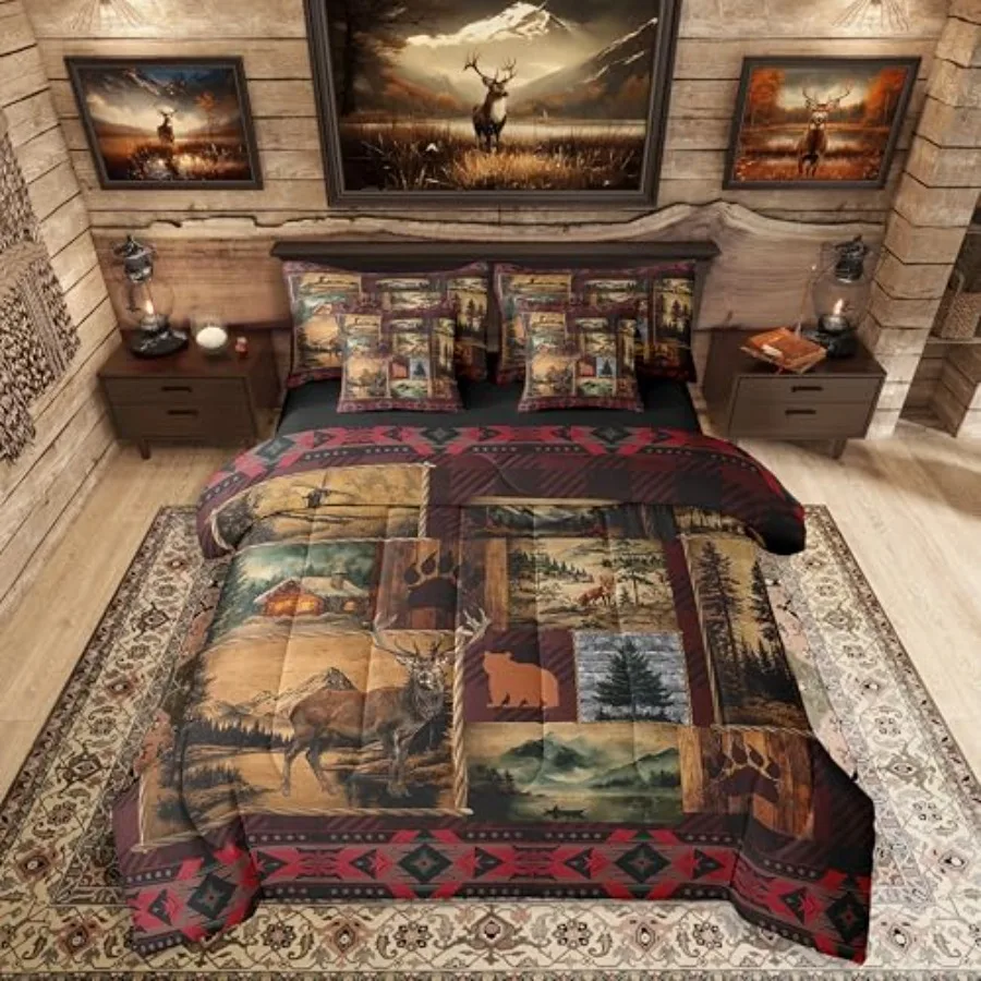 

Patchwork Cabin Lodge Bedding Set 7 Pcs, Bear Deer Hunting Bed in a Bag with Flat Fitted Sheet, Boho Exotic Comforter Set with