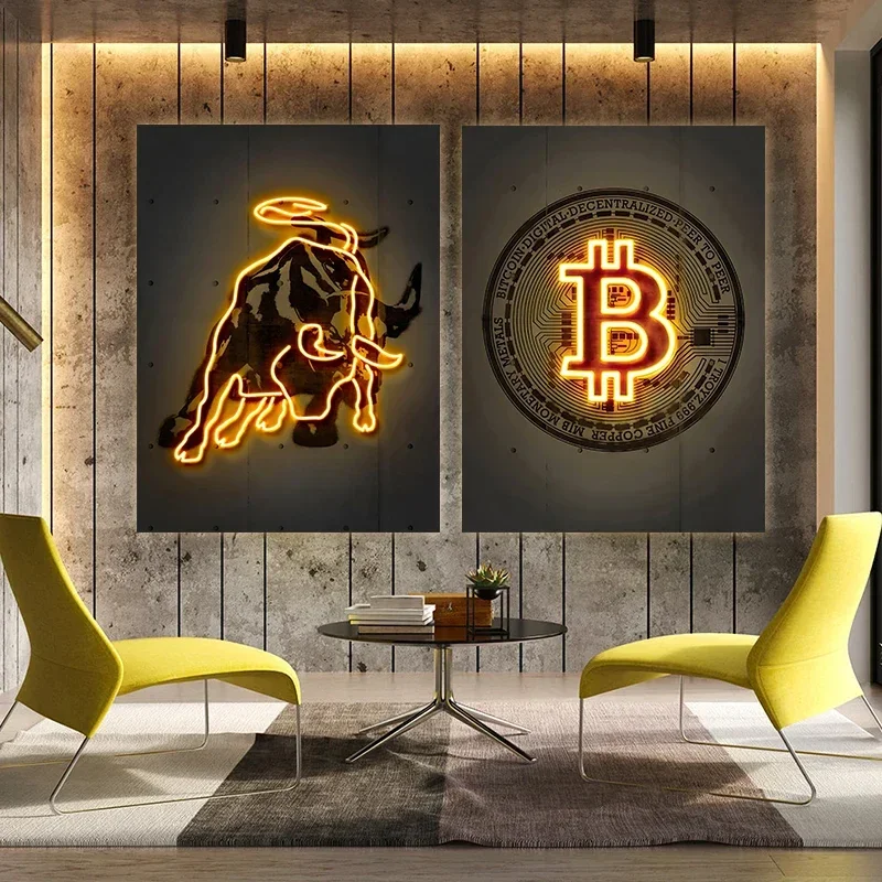 Neon Bitcoin Bull Crypto Gold Wall Art Canvas Painting Cattle Poster and Print Picture Home Decoration for Living Room Decor