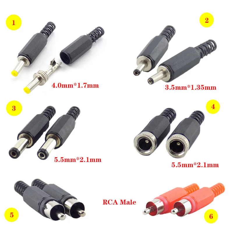 DC Plug Male Female RCA Adaptor Terminals DIY Wire Cable Electrical Socket Outlet Power Adapter 4.0mm 5.5mm Jack Connector 5pcs