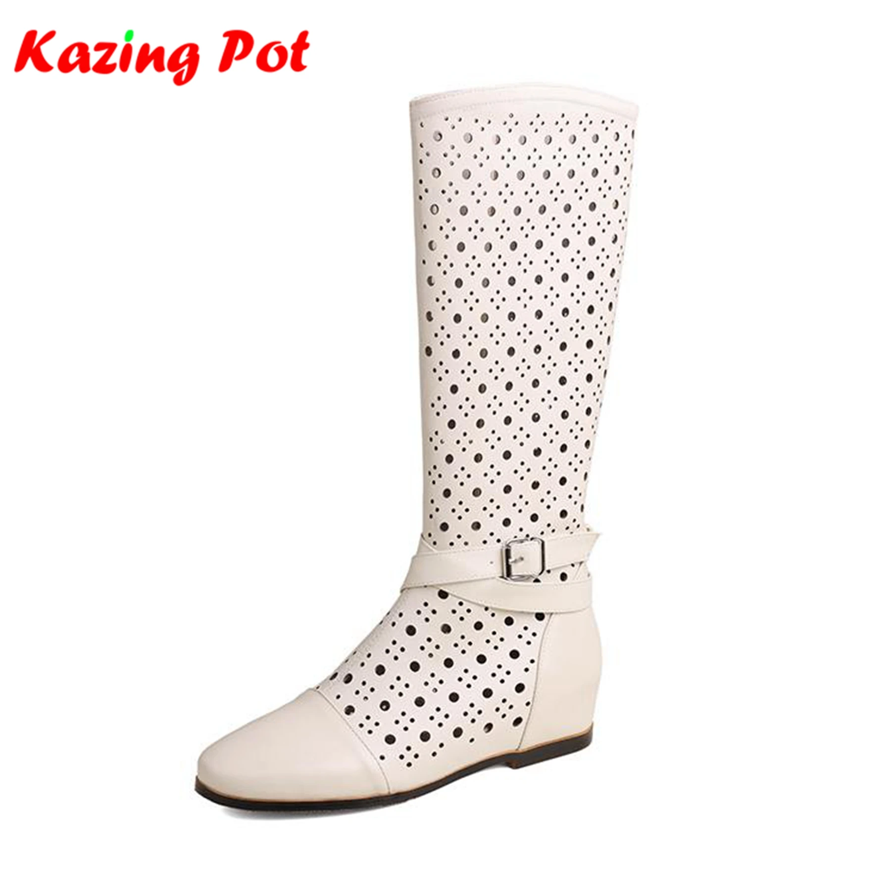 

Krazing Pot Big Size 43 Cow Leather Peep Toe Hollow Summer Boots Superstar Belt Buckle Casual Breathable Wedges Brand Knee Boots