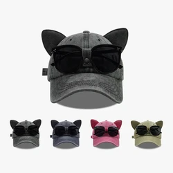 New Cute Cat Ears Pilot Hat With Glasses Baseball Cap Water Washed Baseball Cap Adjustable Outdoor Sunshade Sun Hats Unisex Gift