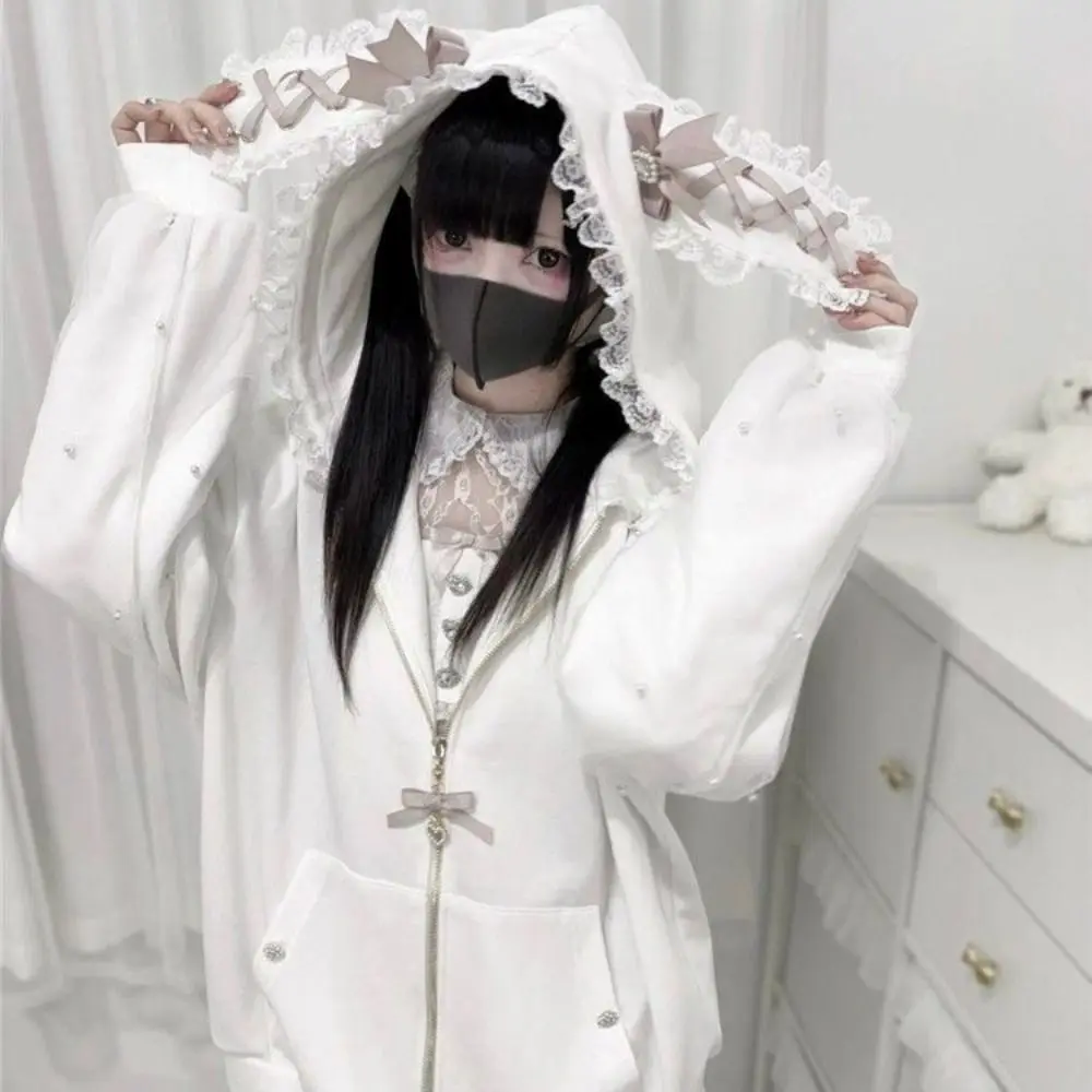 

Long Sleeve Strapped Rabbit Ear Hoodie Thick Warm Lolita JK Cardigans Women Y2K Winter Autumn Ladies Top Lace Bow Coats Female