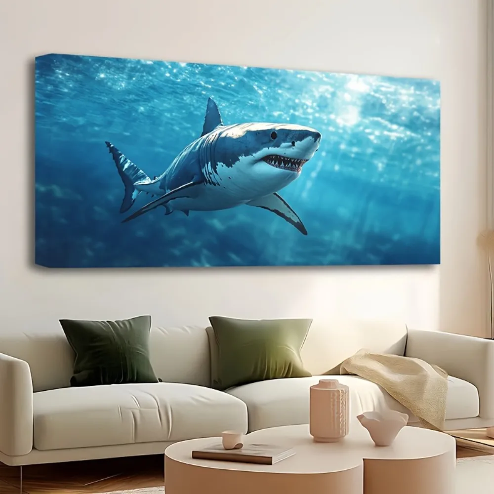 1.5 inch thick pine solid wood frame, blue wall art painting,Guadalupe Island Great white shark fishing picture, home decoration