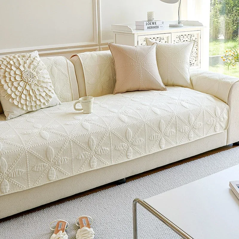 Silicone Dot Non Slip Cotton Couch Cover, 3D Floral Quilted Sofa Seat Pad, Soft Breathable Skin-friendly All Season Decor