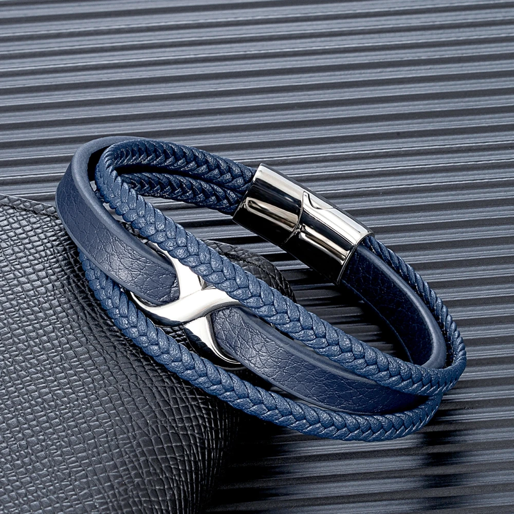 MKENDN Classic Men Women Multilayer Blue Braided Leather Bracelets Stainless Steel Forver Love Infinity Knot Number 8 Gifts