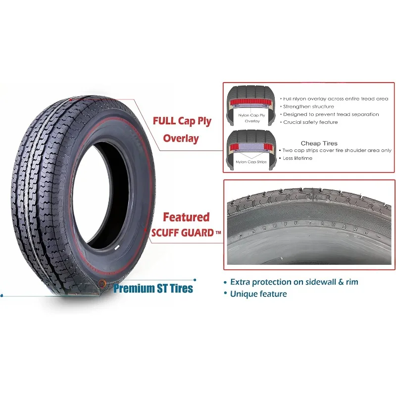 home.Set 4  Trailer Tires ST225/75R15 10 Ply Load Range E Steel Belted Radial w/Featured Scuff Guard 8mm Tread Depth