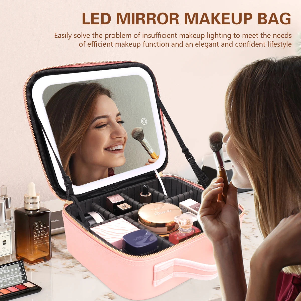 LED Lighted Cosmetic bag With Mirror Professional Makeup Case For Women Large Capacity Female Waterproof PU Travel Makeup Bags