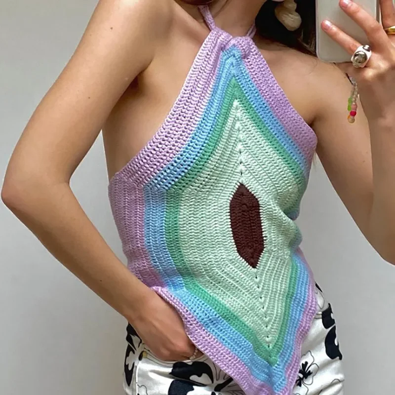 

Summer Patchwork Knitted Cropped Top Ladies Halter Neck Y2K Halter 2022 New Green T-shirt Casual Party Sleeveless Sexy Vest