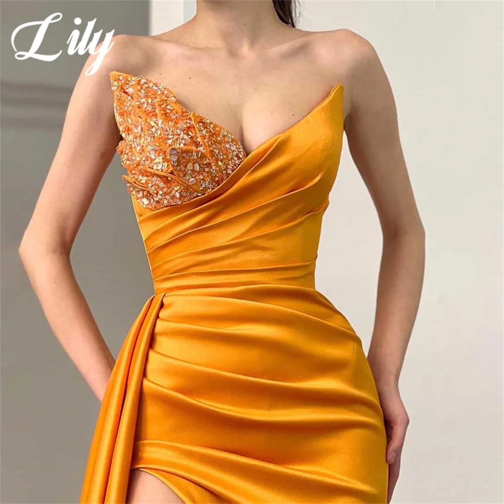 Lily Yellow Chic Woman Evening Dress Gown Sequin Mermaid Sexy Split Sleeveless Night Dress Gown with Pleat Satin robes de soirée