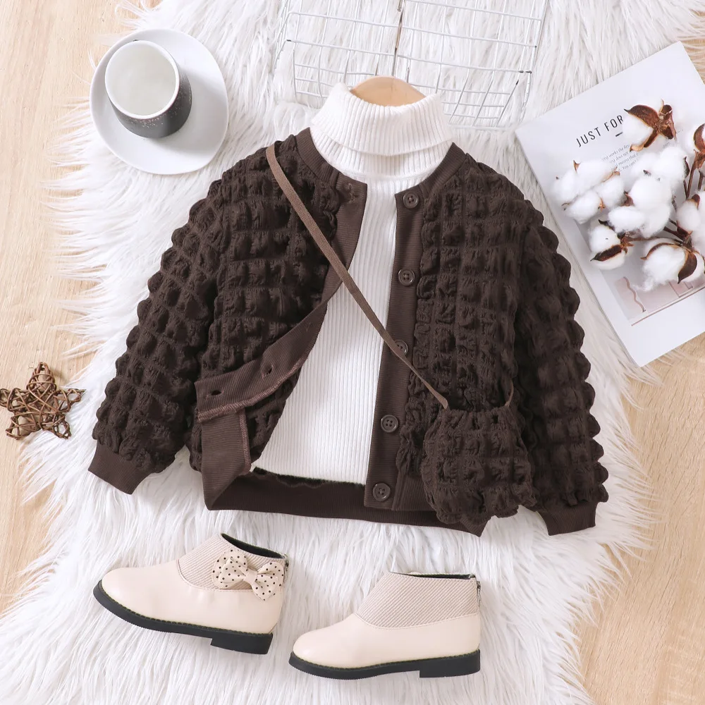 

2023 New Arrivals Spring Autumn Children Long Sleeve Single Breasted Coffee Child Girls Clothes Sweater Overcoat 2-7T