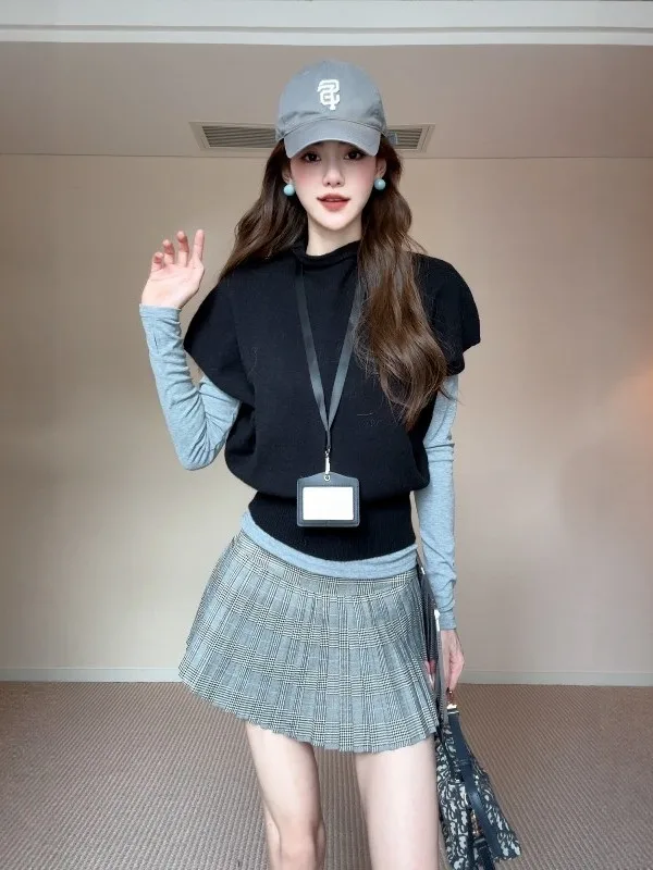 

Bla ort Sve Knitted Vest under Long Sve Base irt Women's Casual Versatile Slimming Top Spring 2026 Faion