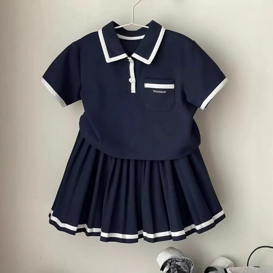 Girls' Sweet Set Summer Children Campus Style Polo Short Sleeved Shirt+ Kids Pleated Skirt Children's Two Piece Set 2-8Y