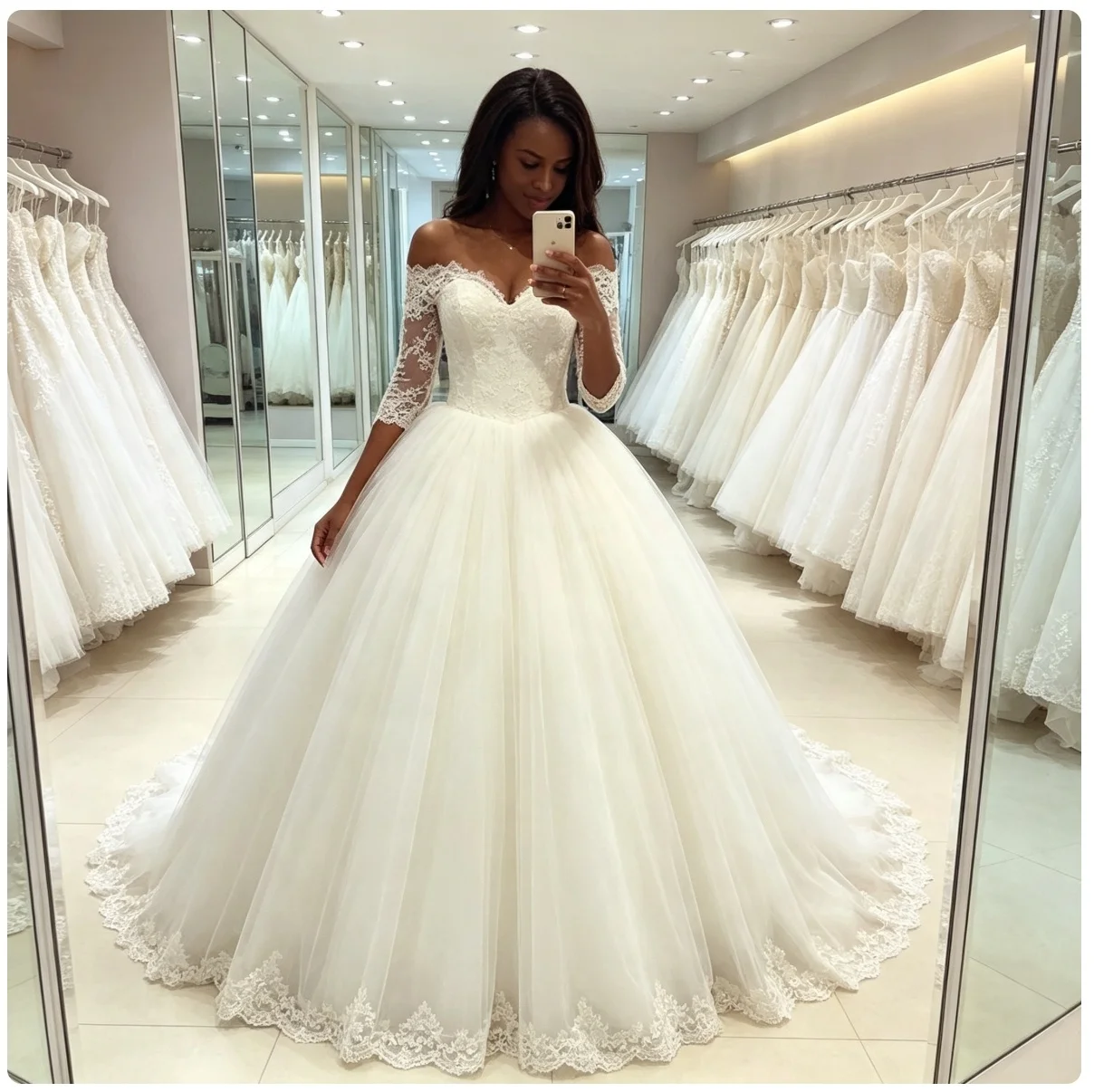 Off-the-Shoulder A-Line Wedding Dress 3/4 Sleeve Sweetheart Ball gown Tulle Bridal Gown Lace Up Back With Lace Trim Chapel Train