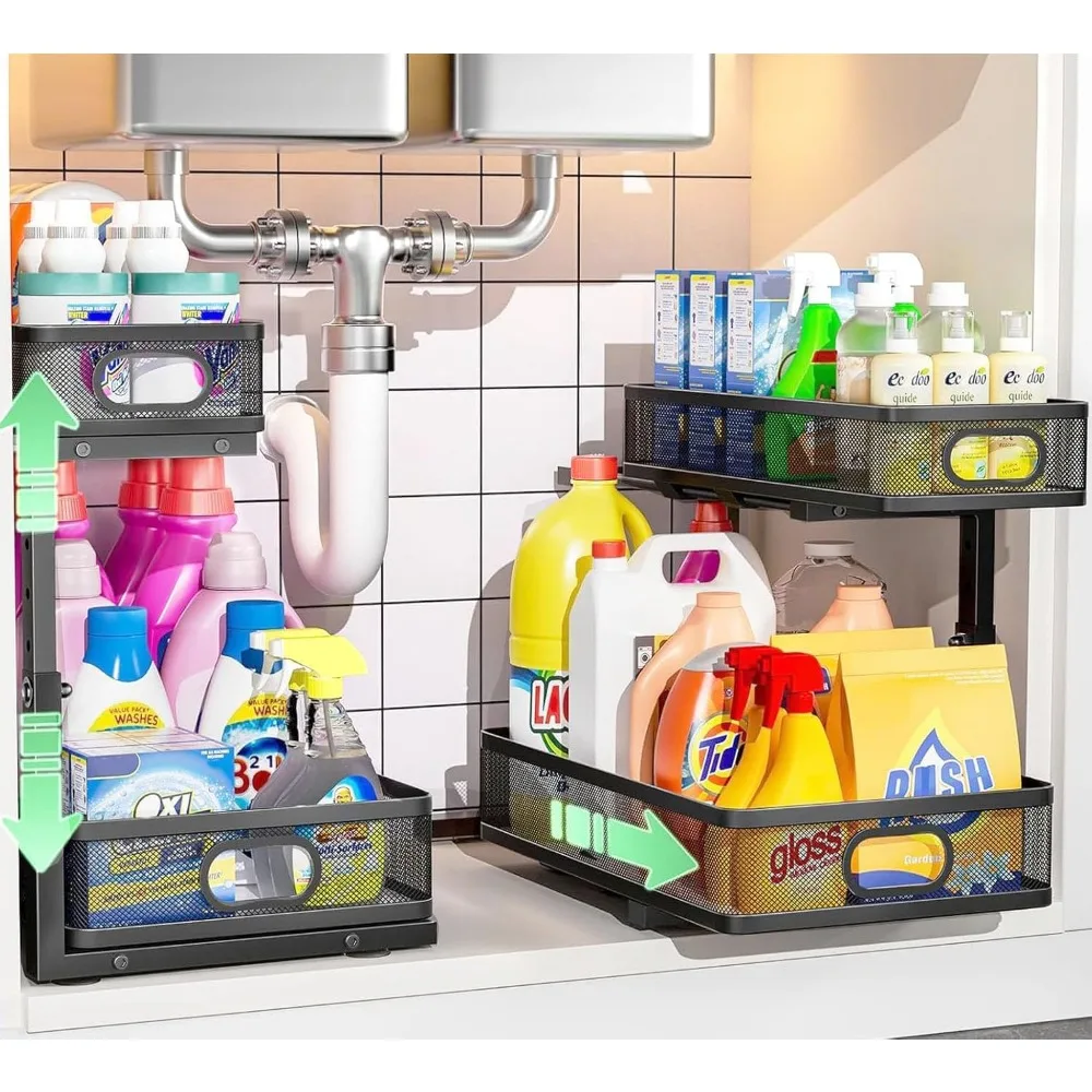 

Adjustable 2 Tier Under Sink Organizer Slide Out Metal Storage Drawer Shelf for Kitchen Bathroom