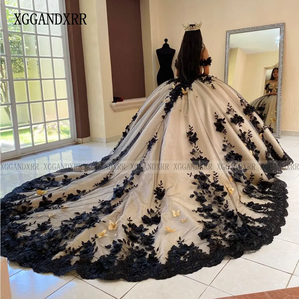 Luxury Black Ball Gown Quinceanera Dress 2024 Off Shoulder Long Train Sweet 15 16 Year Birthday Party Real Vestidos De XV Años