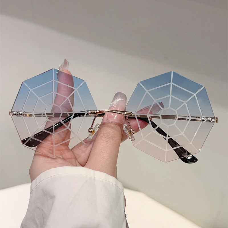 KAMMPT Cobwebs Shaped Sunglasses Men 2025 Rimless Stylish Funny Decor Shades Women Ins Trendy Chic Brand Design Rave Sun Glasses