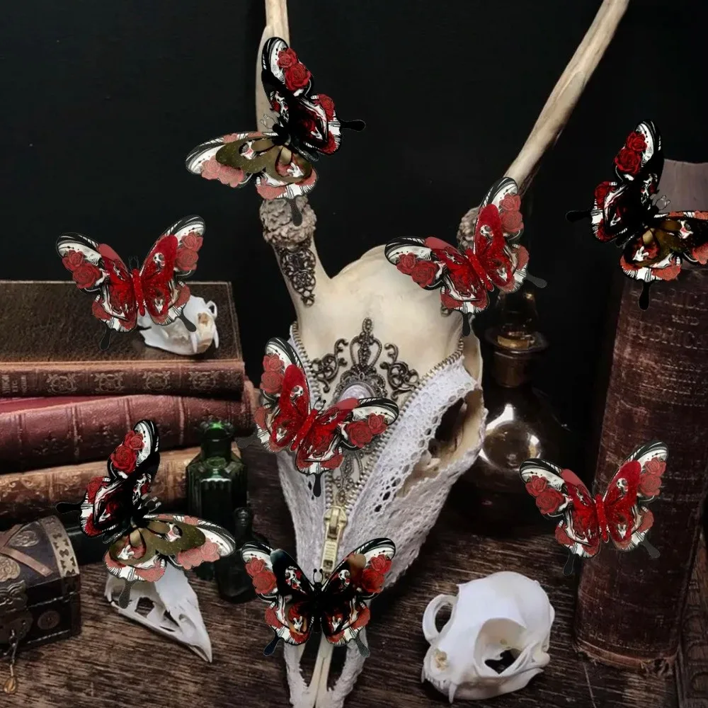 

Double Layer Halloween Wall Stickers Hollow Out DIY Butterfly Skull Stickers Red PVC 3D Butterfly Wallpaper Decal Haunted House