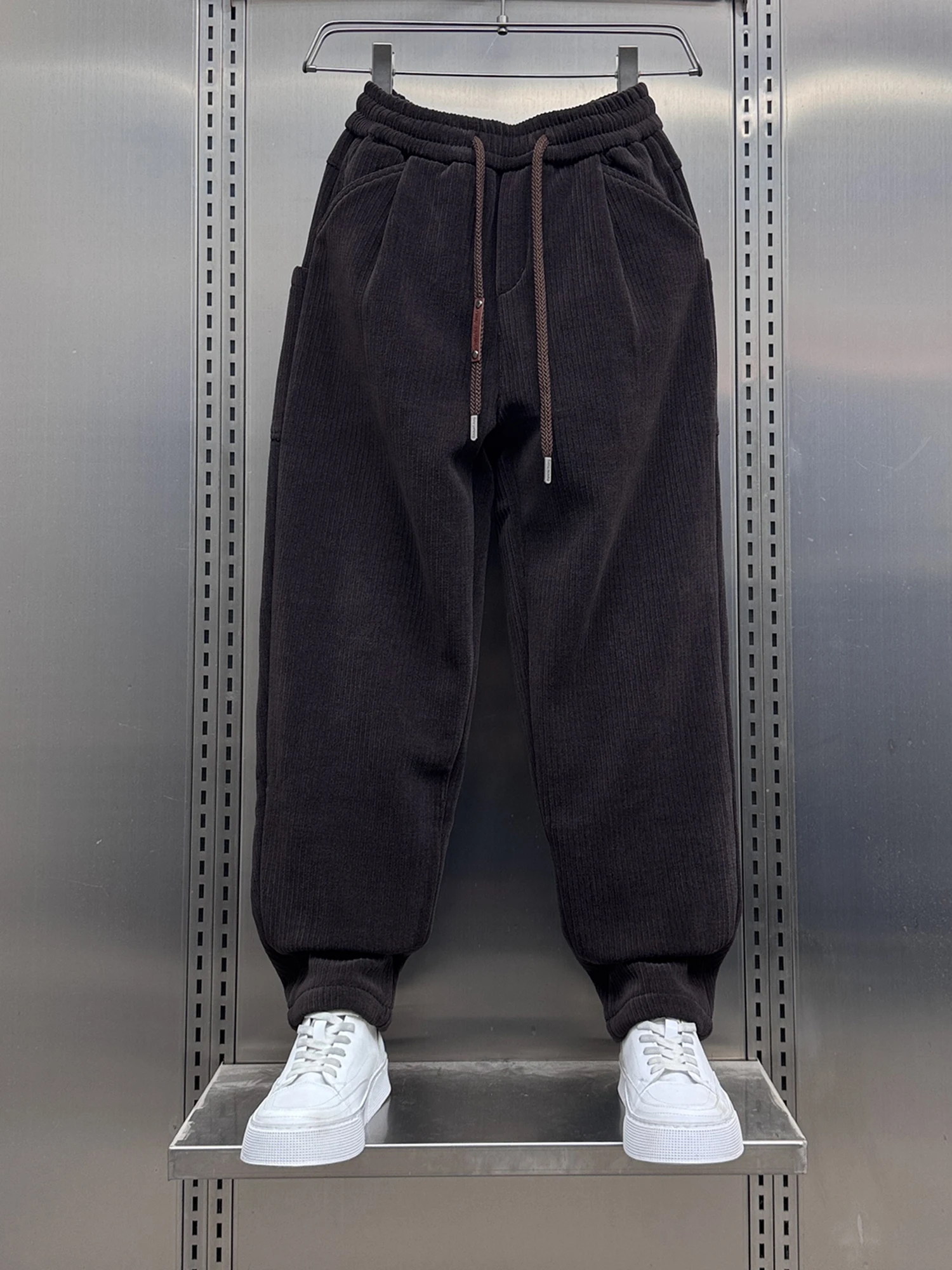 

Мужские повседневные брюки из вельвета однотонного цвета в стиле Харадзюку, свободного кроя, спортивные, длинные, с завязками, прямые, для молодежи