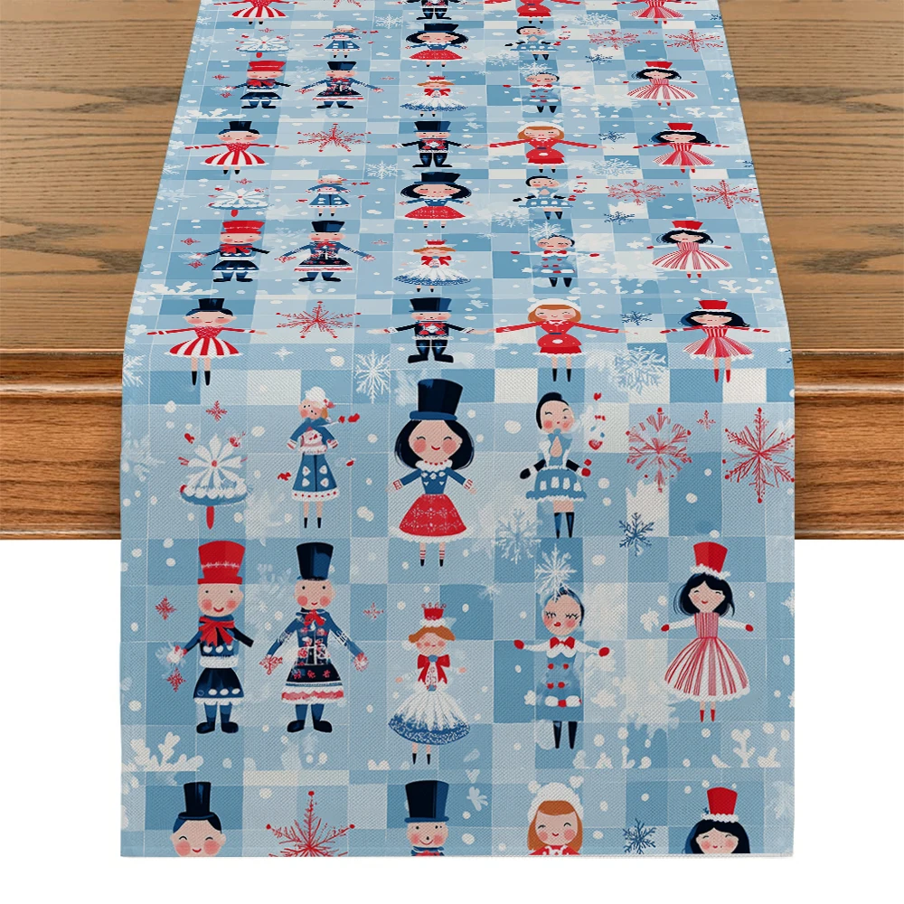 Christmas Nutcracker Snow Plaid Table Runners Dresser Table Decor Washable Kitchen Dining Coffee Table Runner Party Decor