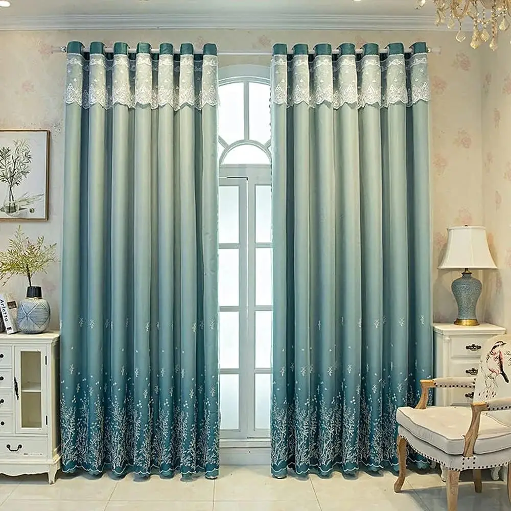 1 Panel 140cm Width Double Layer Curtain for Living Room Pastoral Gradient Branch Pattern Embroidered Curtain for Bedroom