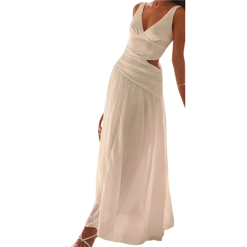 AOAO-Women's Long Drop Waist Ruched Summer Party Dress Flowy V Neck Cut Out Pleated Ladies Dresses