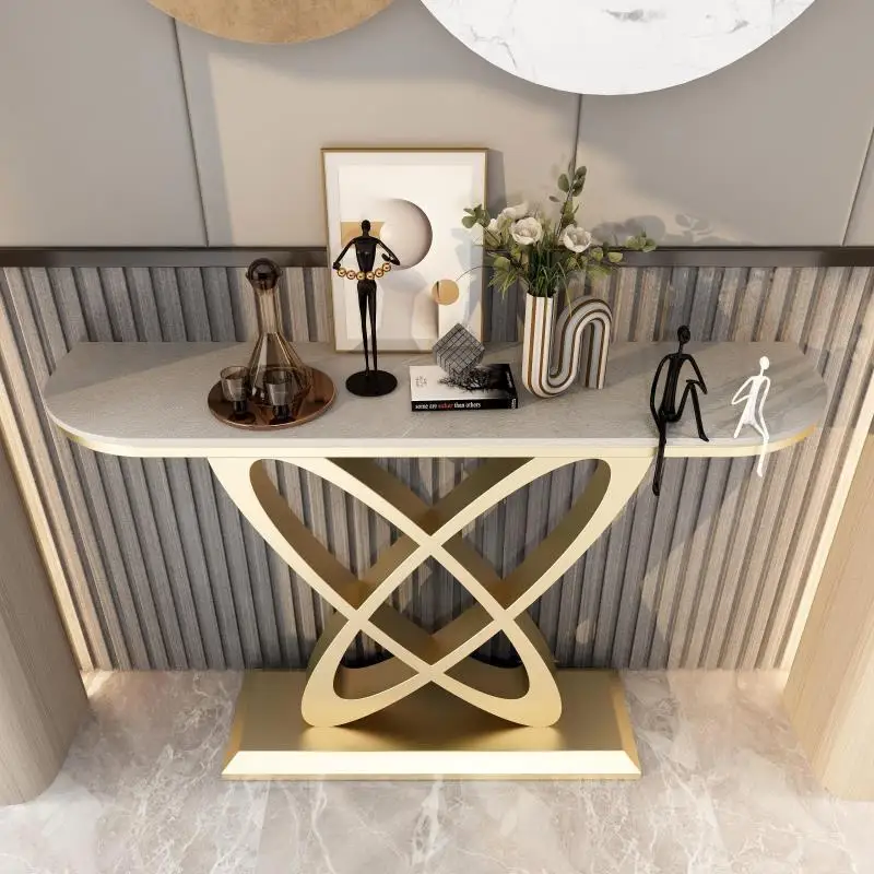 Light luxury minimalist rock slab creative wrought iron entrance table entry door corridor living room against the wall end view