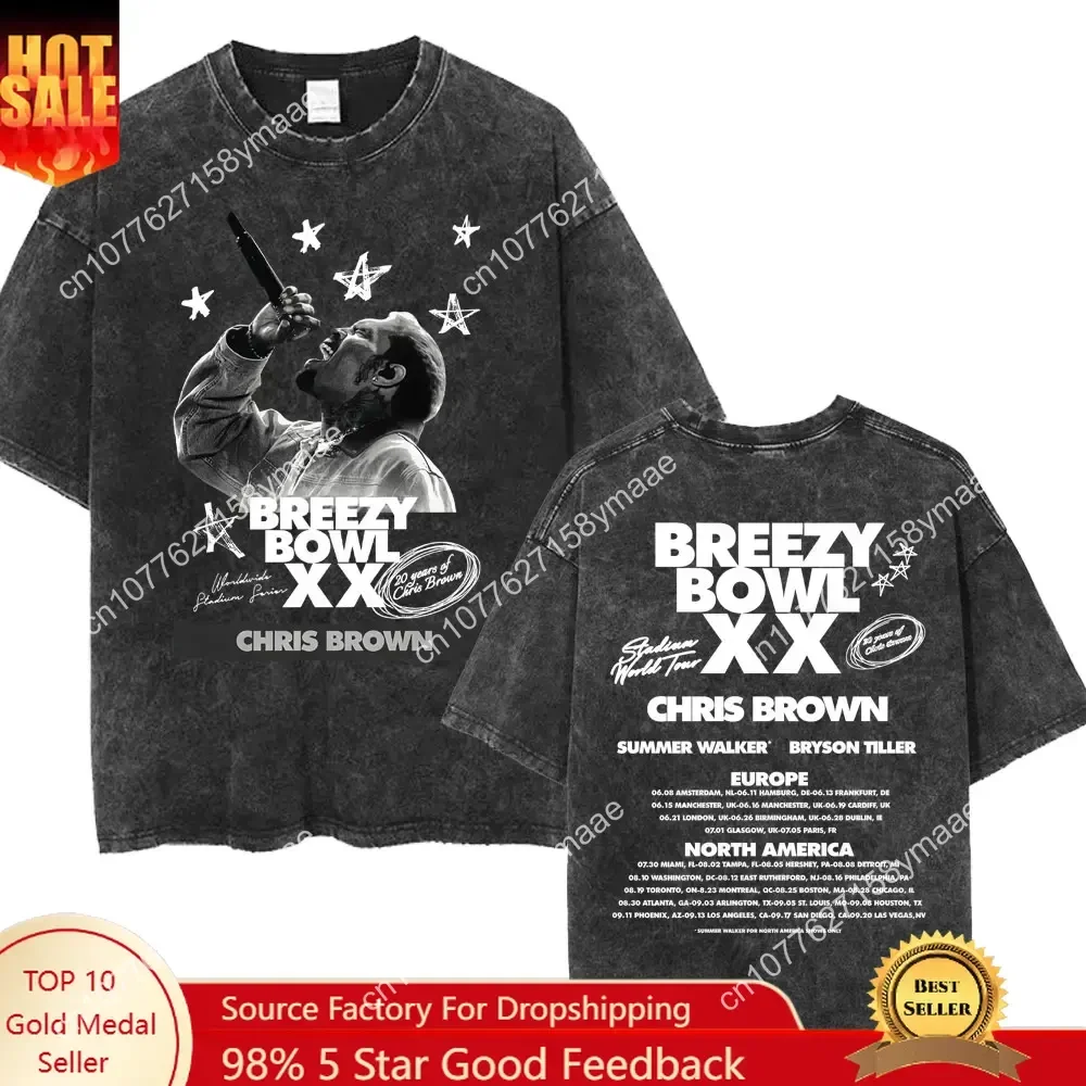 

Chris Brown Breezy Bowl XX Concert Tour Washed T Shirts Vintage Hip Hop Gothic Women Men Oversized Cotton T-shirt for Fans Gift