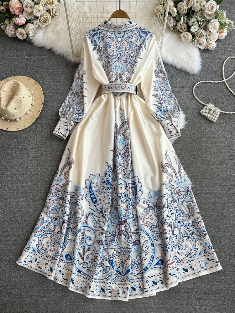 Floral Print Elegant Women\'s Long dresses Vintage A-Line Long Sleeve Casual Party Maxi Dress Ladies Vestidos Spring Autumn