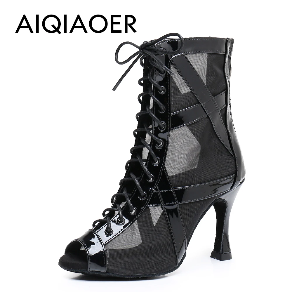 Latin Dance Boots Ladies Salsa Tango Ballroom Party High Top Women's Boots Black Mesh Girls High Heel Sandals Sports Dance Shoes