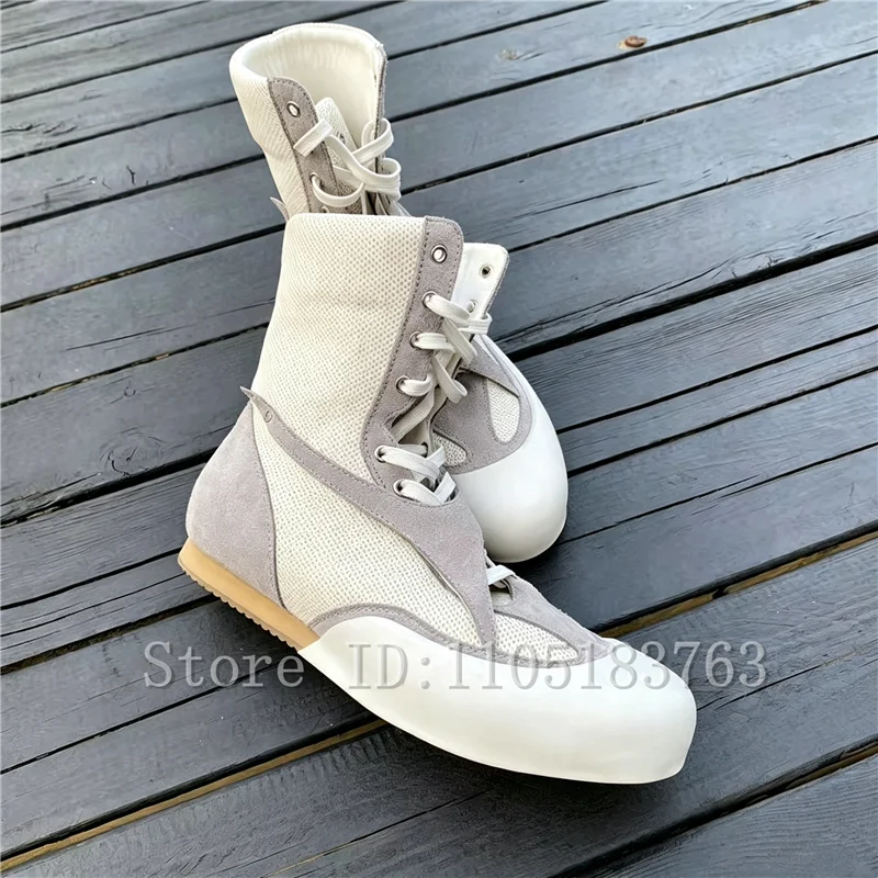 Fashion Men Mid Calf High Top Sneaker Boots Breathable Mesh & Suede Splicing Lace Up Flat Sole Casual Shoes for Daily Streetwear