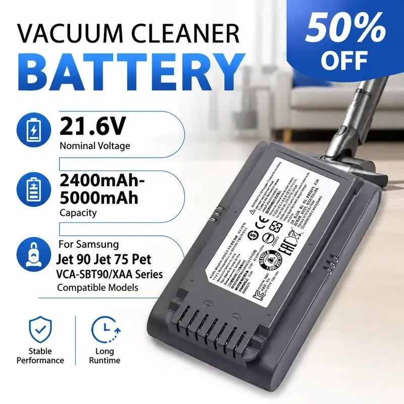 21.6V 2400mAh-5000mAh Vacuum Cleaner Lithium Replacement Battery for Samsung Jet 90 Jet 75 Pet VCA-SBT90/XAA Series