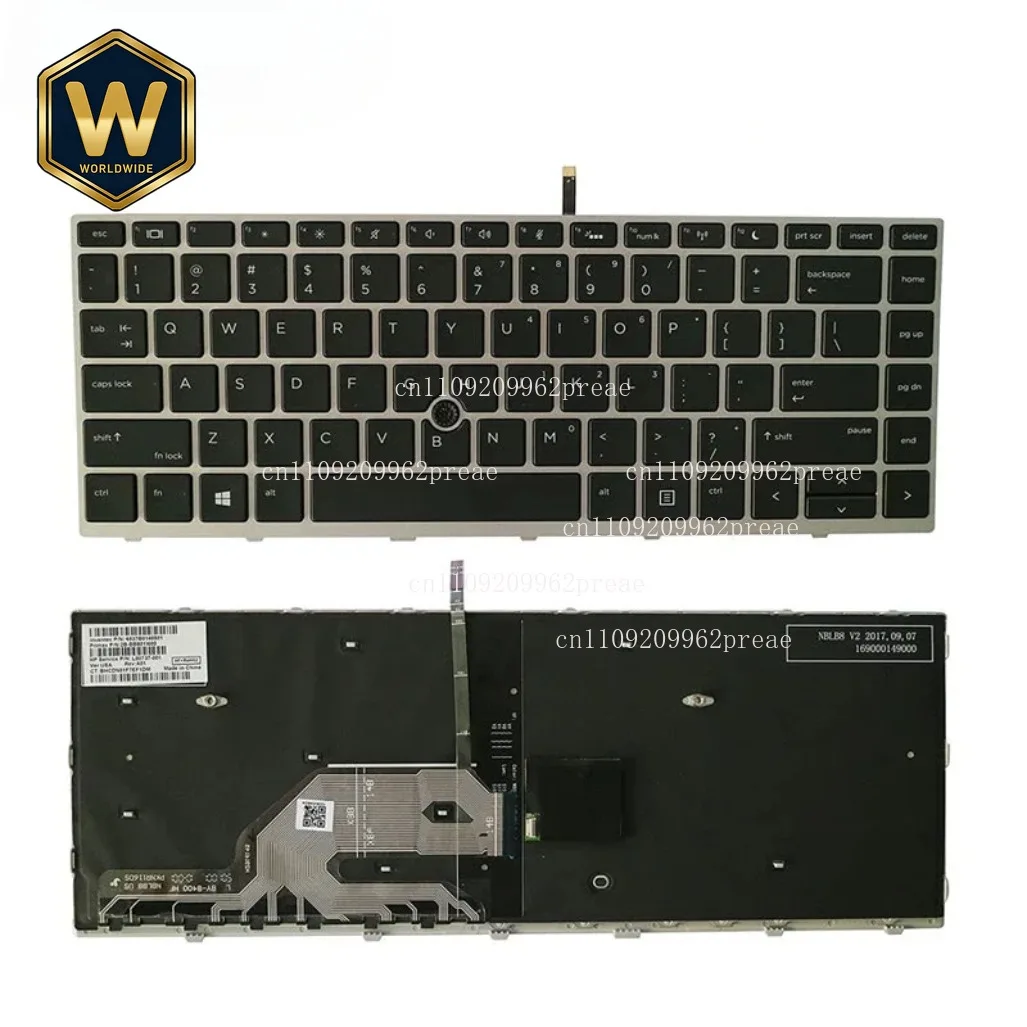 

S Replacement US Keyboard for HP ProBook 640/645 G4, 640 G5 Laptop - Silver Frame, Pointer & Backlight