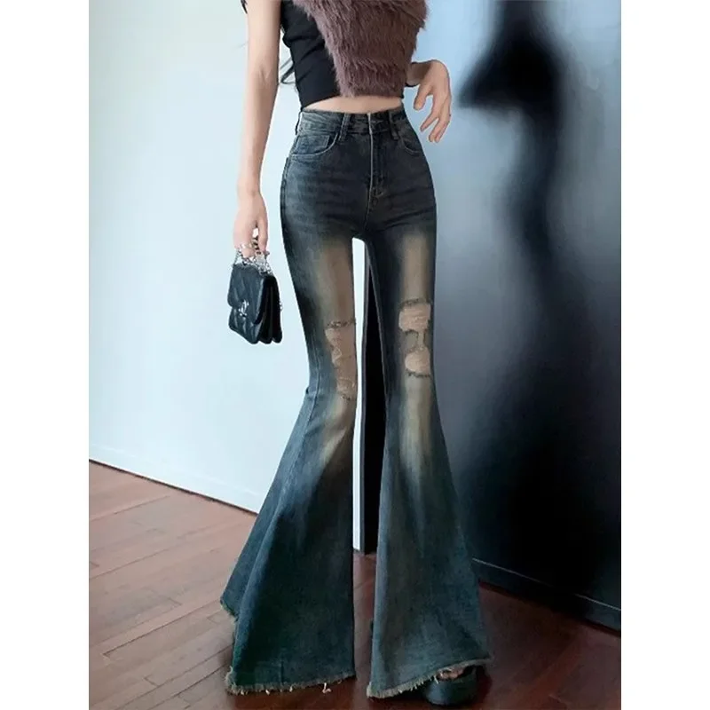 Vintage Gradient Color High-waisted Bell-bottom Jeans Women's Autumn/winter Stretchy Fringe Trousers Sensible Design Sweepingly