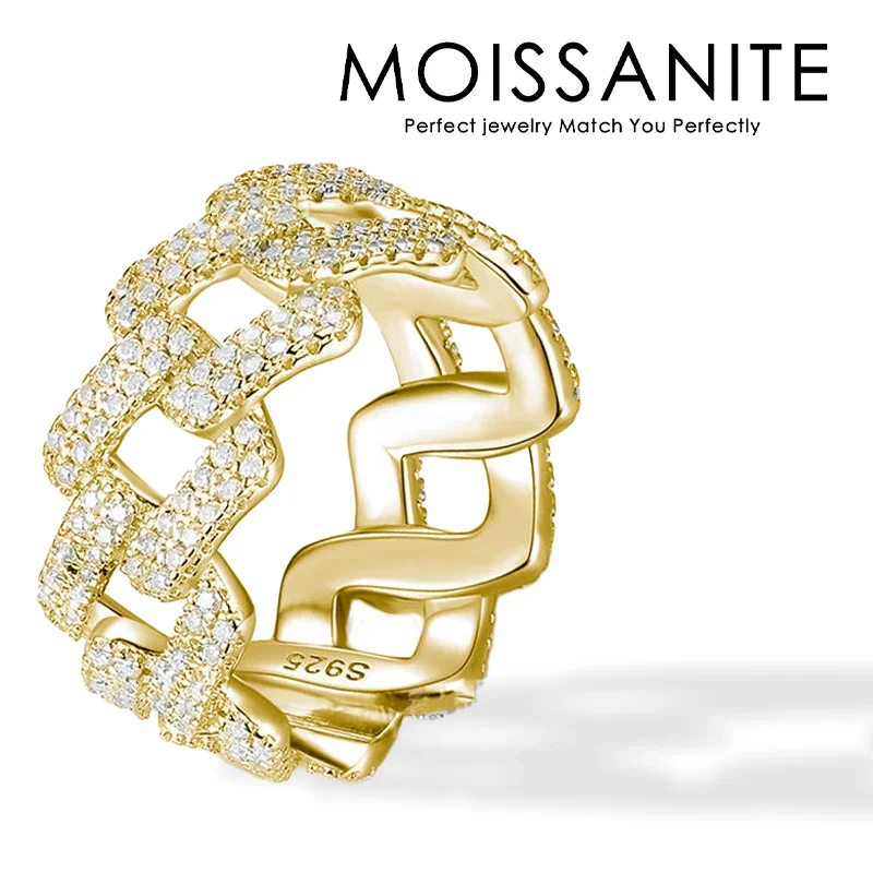 

18K Gold Plated S925 Silver Cuban Link Ring with Moissanite Stones – Elegant & Timeless Unisex Jewelry