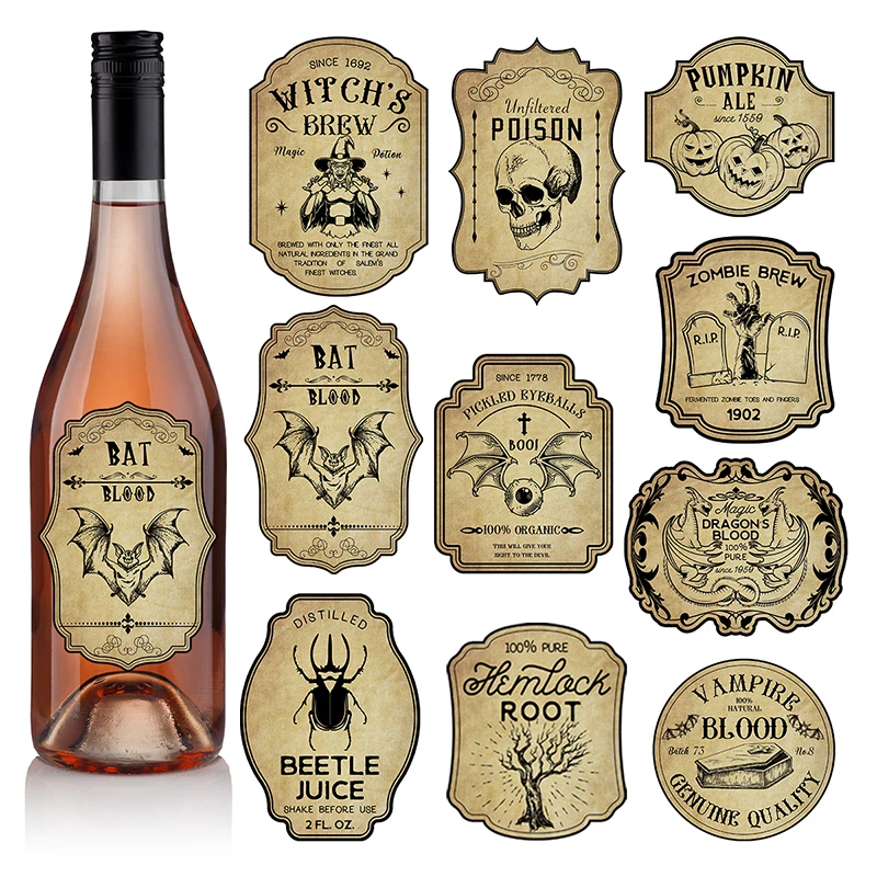 12/24pcs Halloween Retro Wine Bottle Labels Sticker Horror Gothic Vintage Witch Graffiti Potion Decals Halloween Decoration 2024