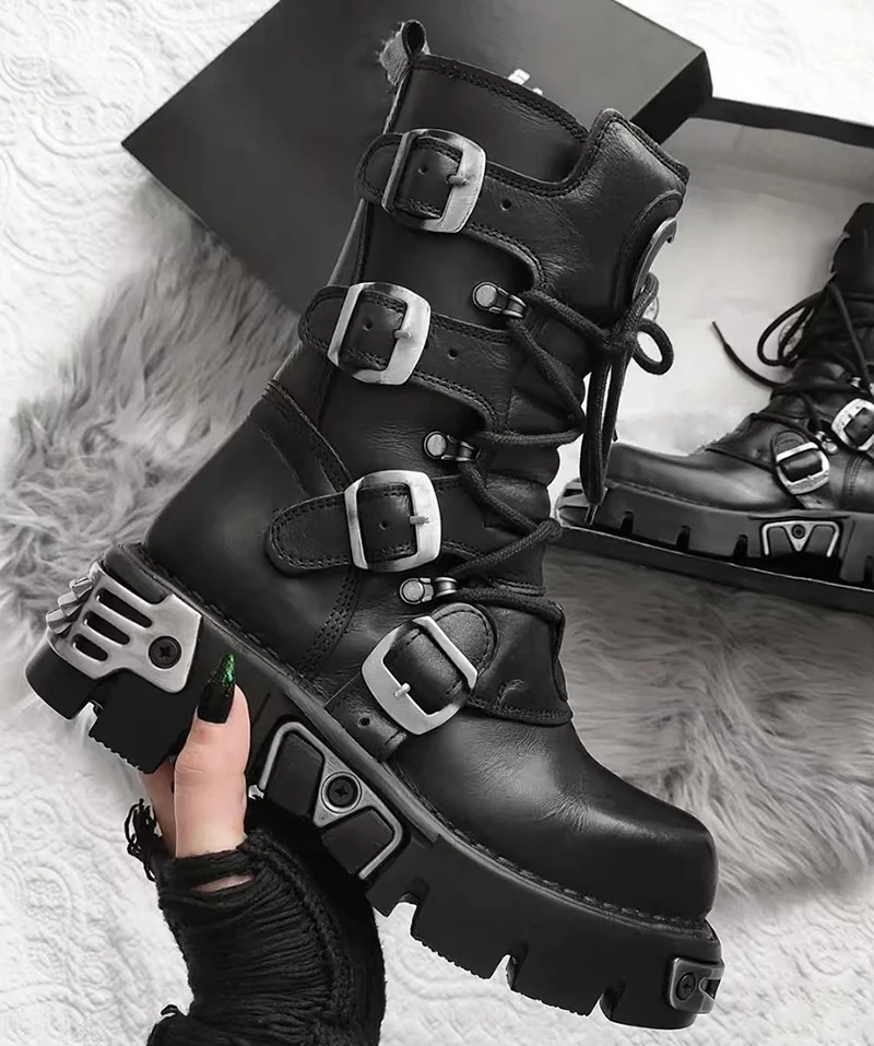 أحذية رجالية فاخرة على الطراز القوطي الشرير أحذية عالية للدراجات النارية أحذية من الجلد الأصلي أحذية رعاة البقر ذات نعل سميك للنساء مصممة طويلة للرجال