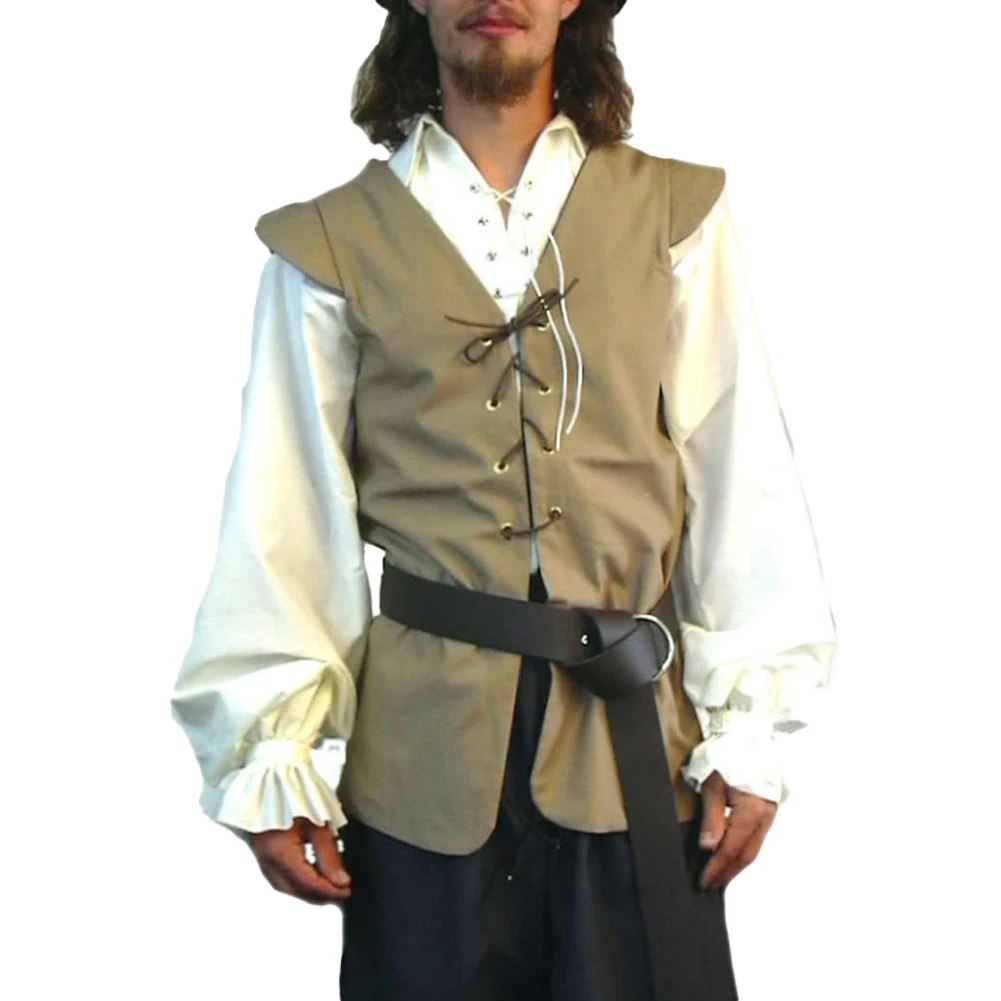 New Gothic Men Pirate Renaissance Waistcoat Vintage Bandage Medieval Sleeveless Vest Wild Suede Strap V-neck Loose Men's Vest